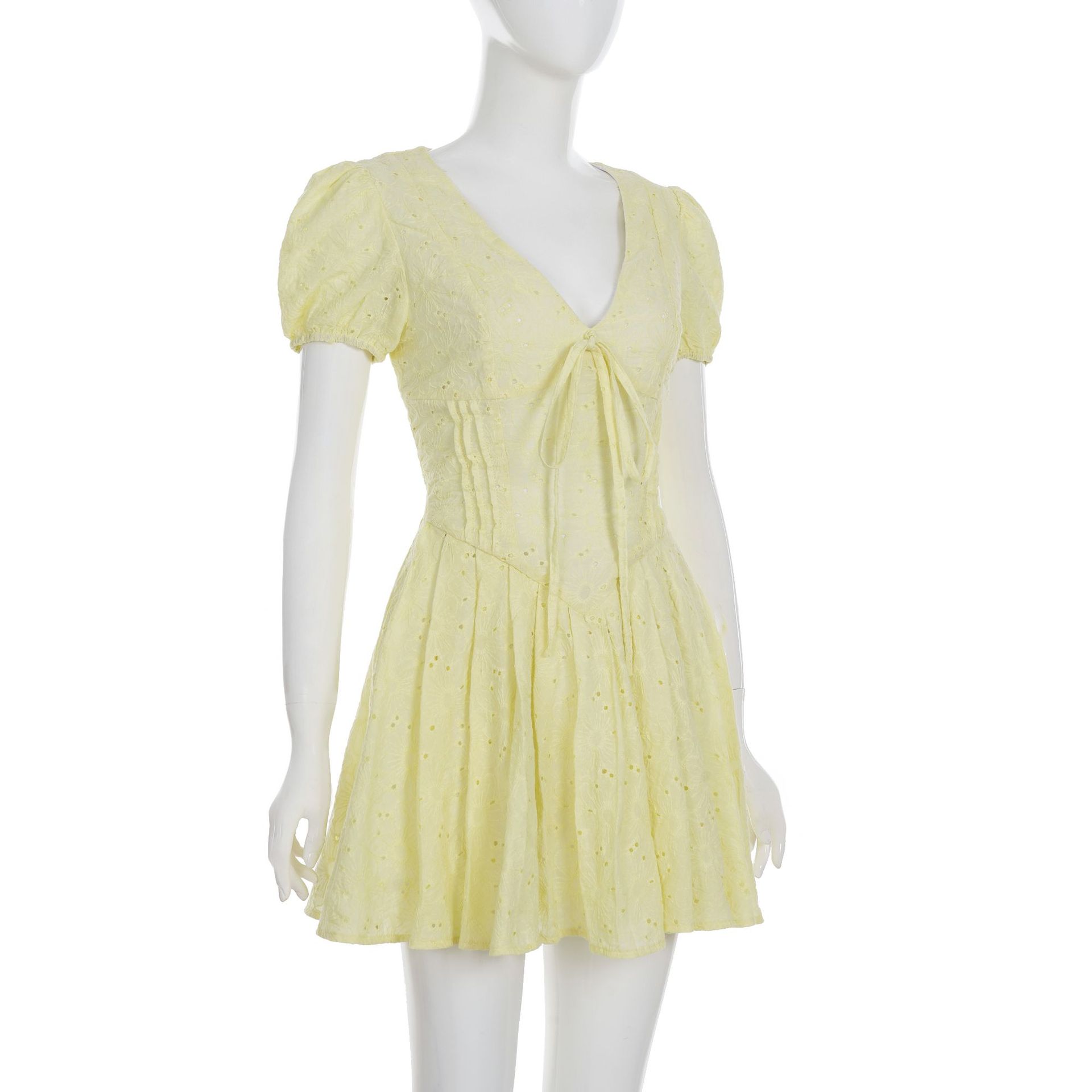 Charming Solid Cotton Mini Vee Neckline Low-Waist Dress