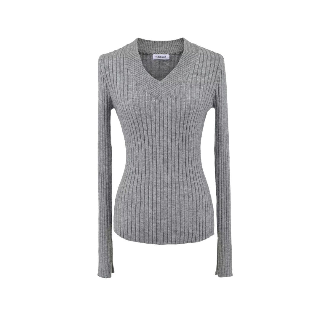 Plain Ladies Deep V Body-Hugging Knitted Sweater