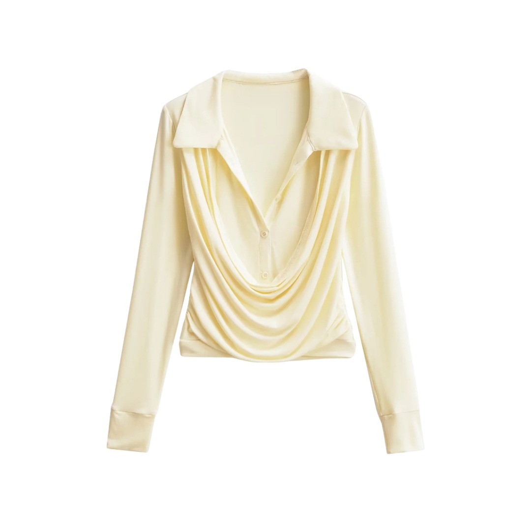 Plain Full-Arm Dropped-Neck Frill Double-Layer Slim-Fit Cropped Tee