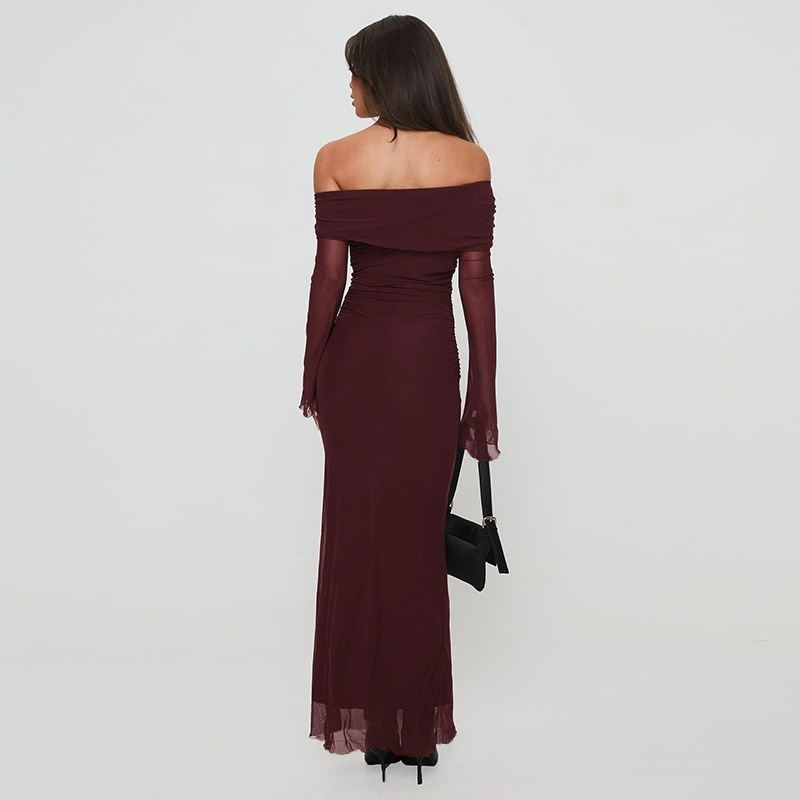 Asymmetric Neckline Three-Quarter Sleeve Polyester Long Mid-Rise Dress