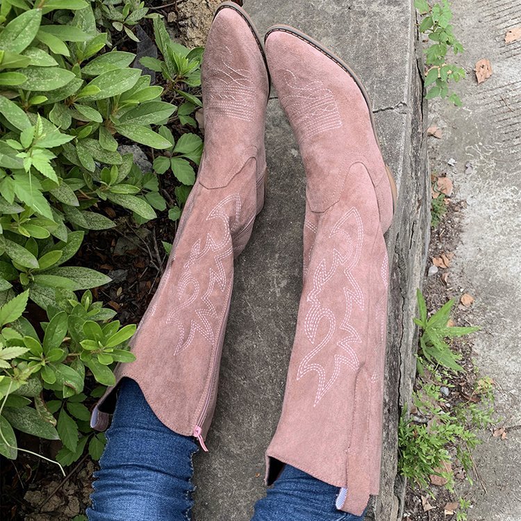 Brown thick heeled mid calf knight boots short boots Western cowboy