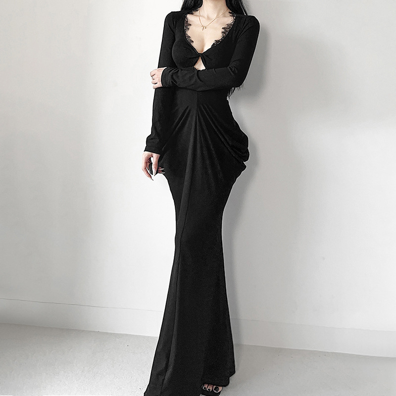 Plunging Neckline Long Sleeve Bodycon Dress