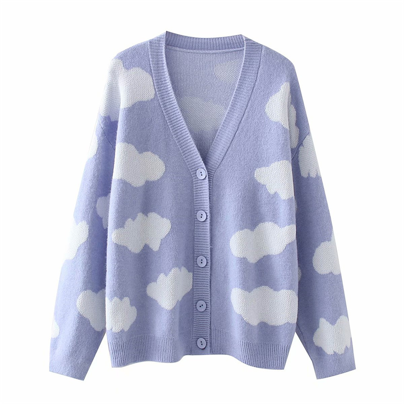 Women Single Breasted V Neck Knitwear Ladies Loose Vintage Sweater