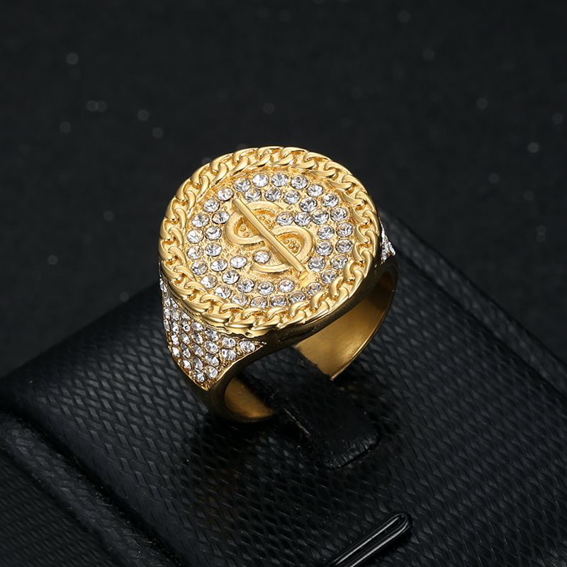 Nightclub New Ring Titanium Steel Plated Water Diamond Dollar Symbol Men's Ring