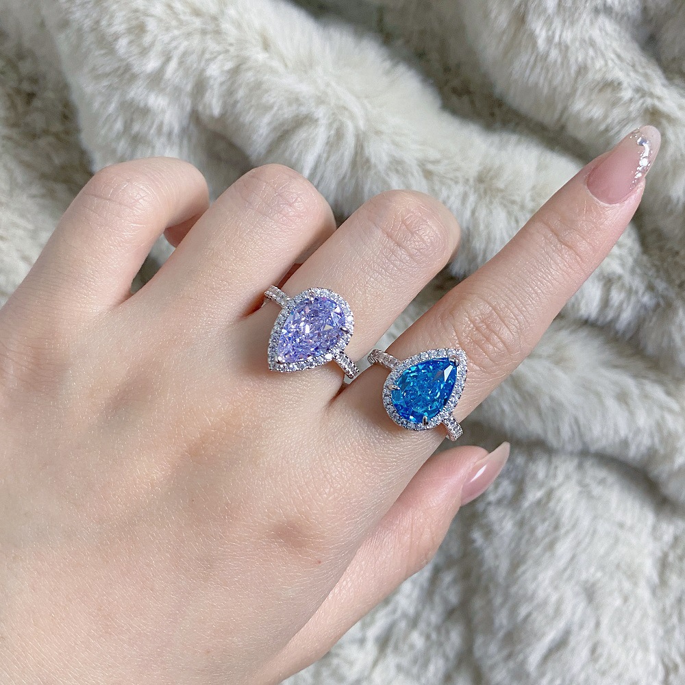 S925 sterling silver pear-shaped ring lavender purple high carbon diamond gemstone diamond ring European and American fashion zircon ring