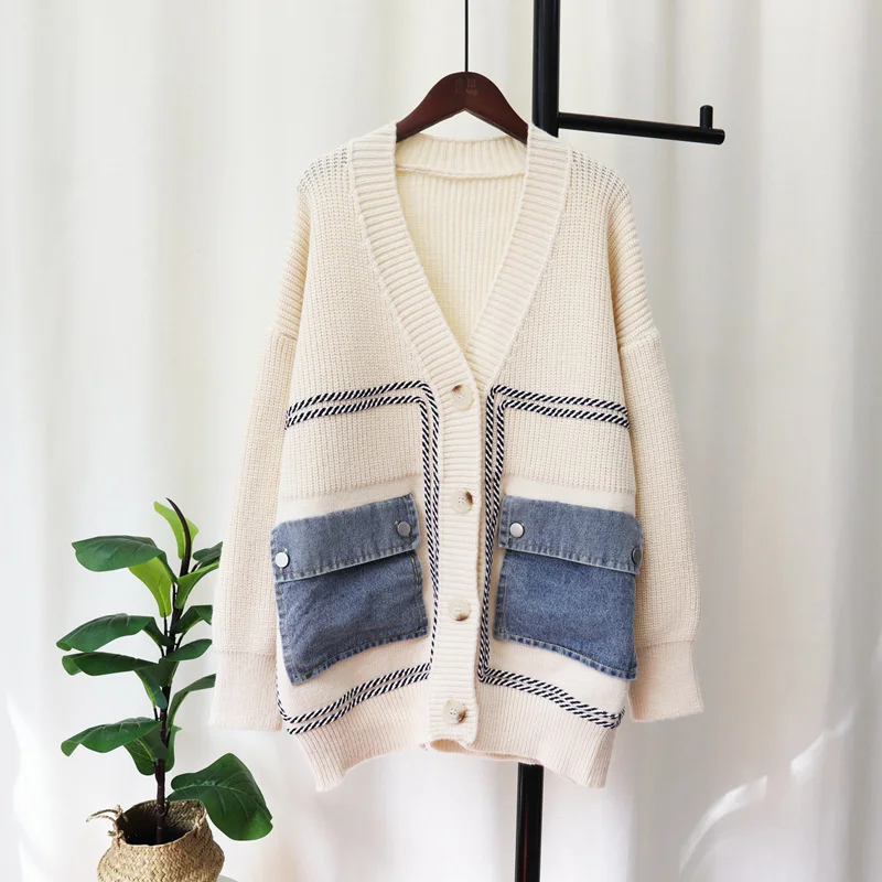 Retro Vee Collar Jean Pieced Knit Full-Sleeved Cardigan