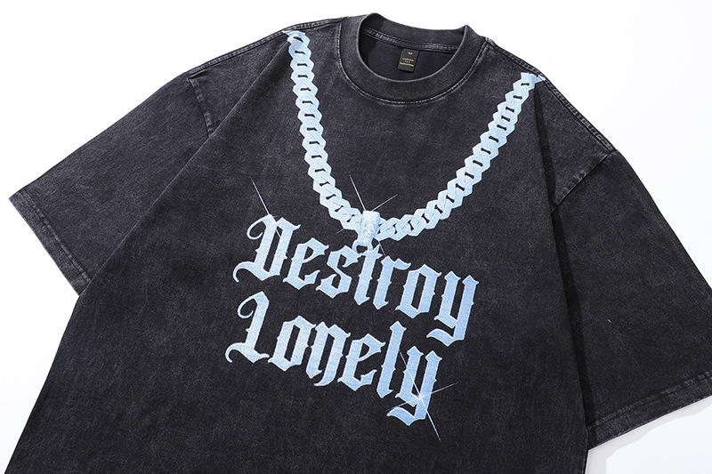 Black Washed Trendy Printed Short Sleeve T-Shirt Pure Cotton Loose Top for Men