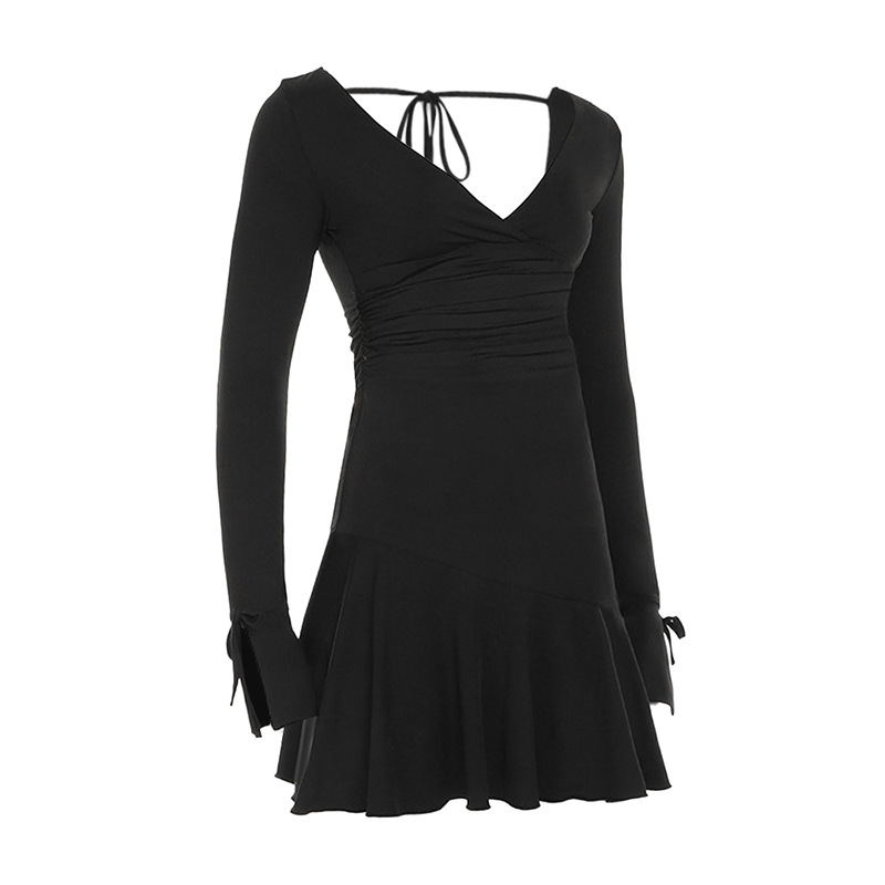 Deep Plunge Frill Full Arm Fitted Ladies Dress