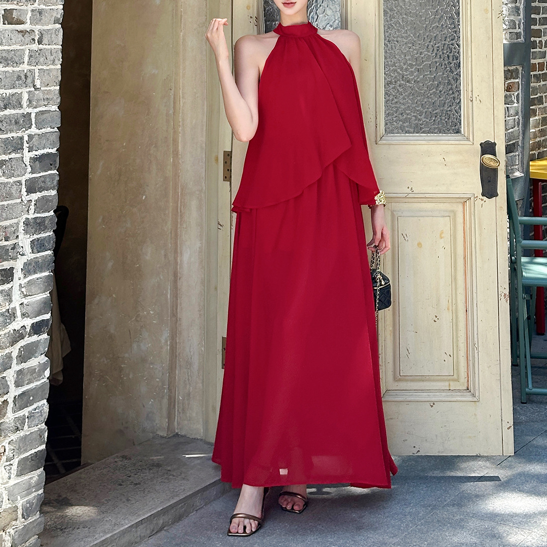 Sleeveless Scarlet Tie Neck Long Dress