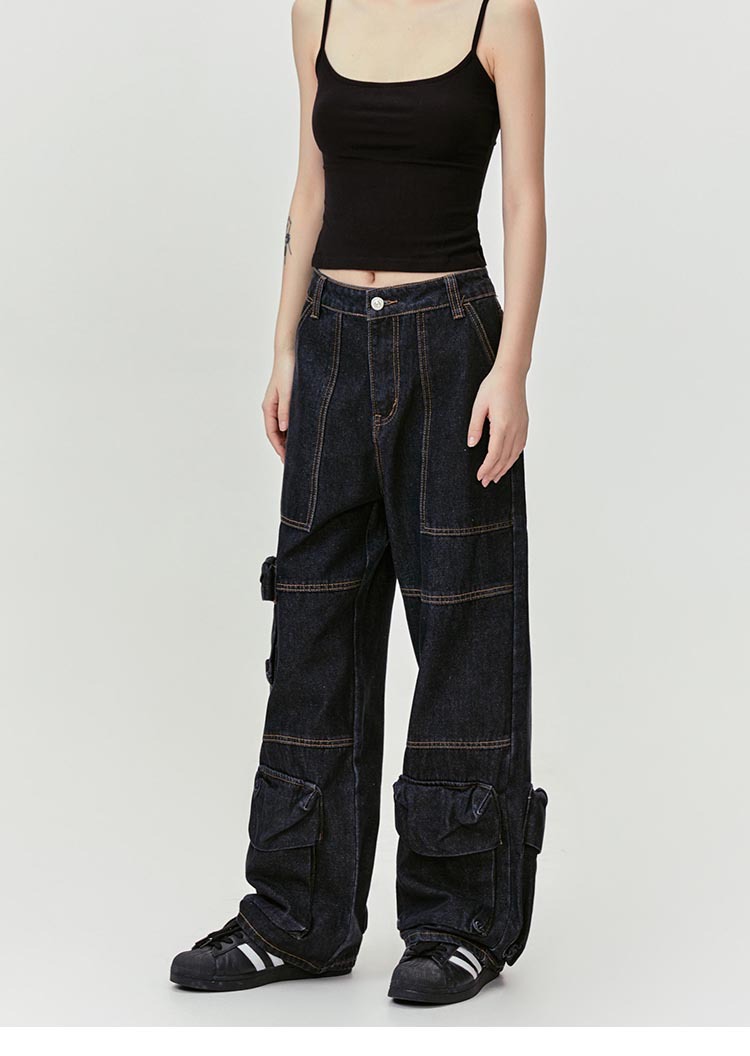 Washed Leg White Faded Multi-Pocket Straight Tapered Jeans Long Pants