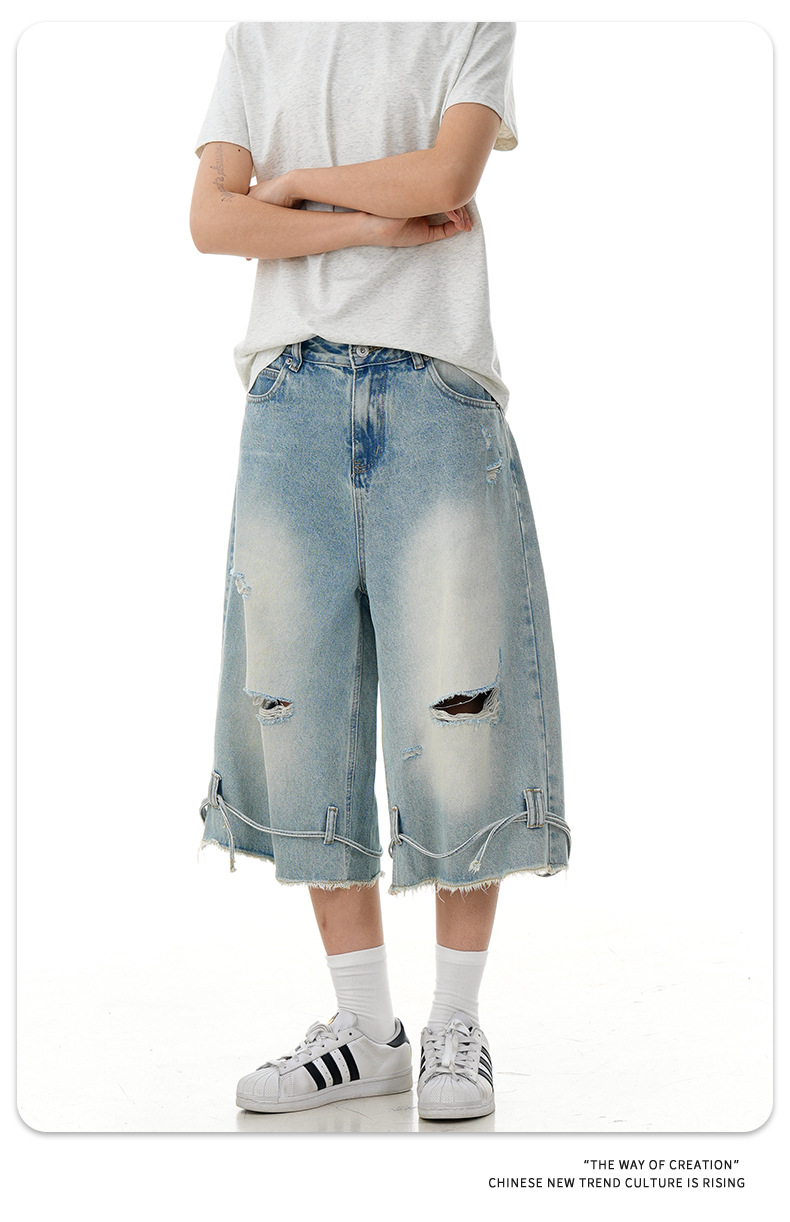 Street Washed Distressed Denim Shorts Loose Wide-Legged Vintage Straight Drawstring Three-Quarter Pants