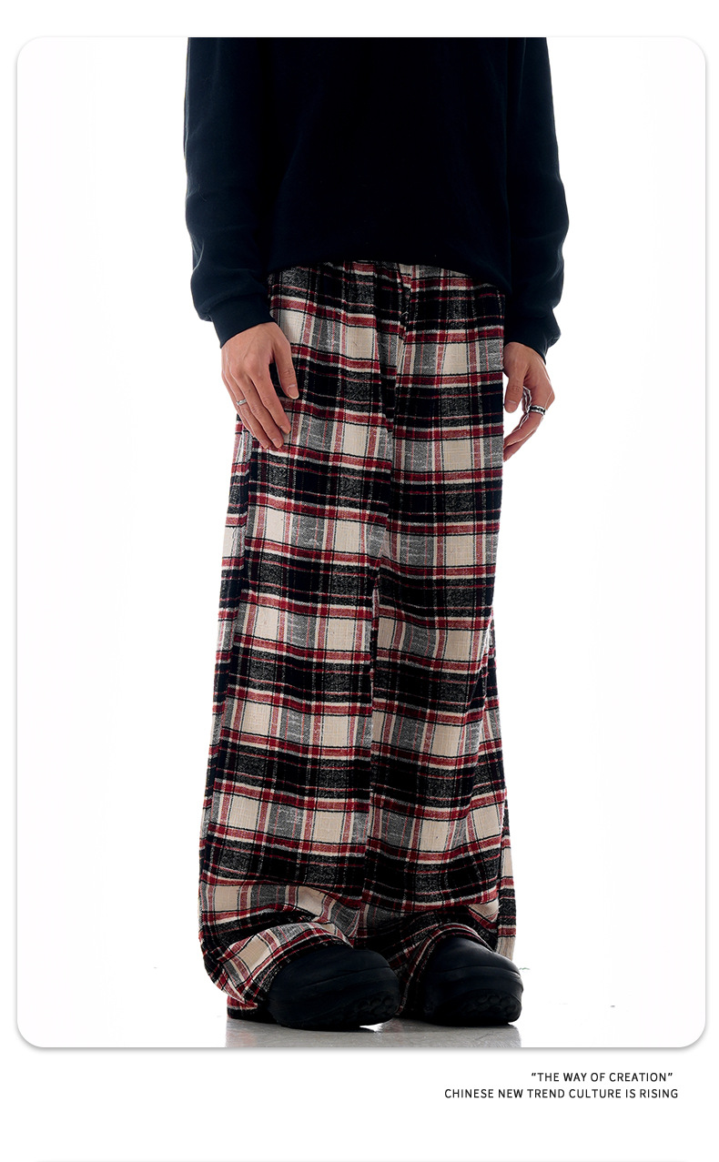 Block Red Plaid Drawstring Straight Casual Pants Unisex Pure Cotton Lazy Style Slimming Long Trousers