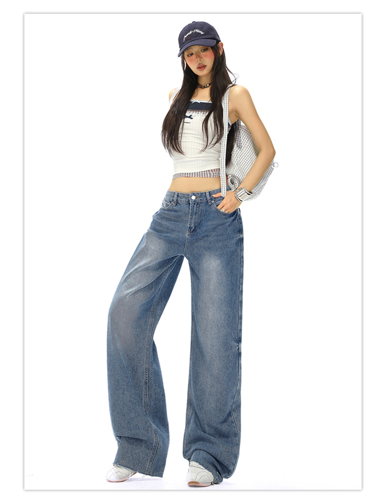 Women's Straight Jeans Washed Vintage Narrow Loose Wide-Leg Pants