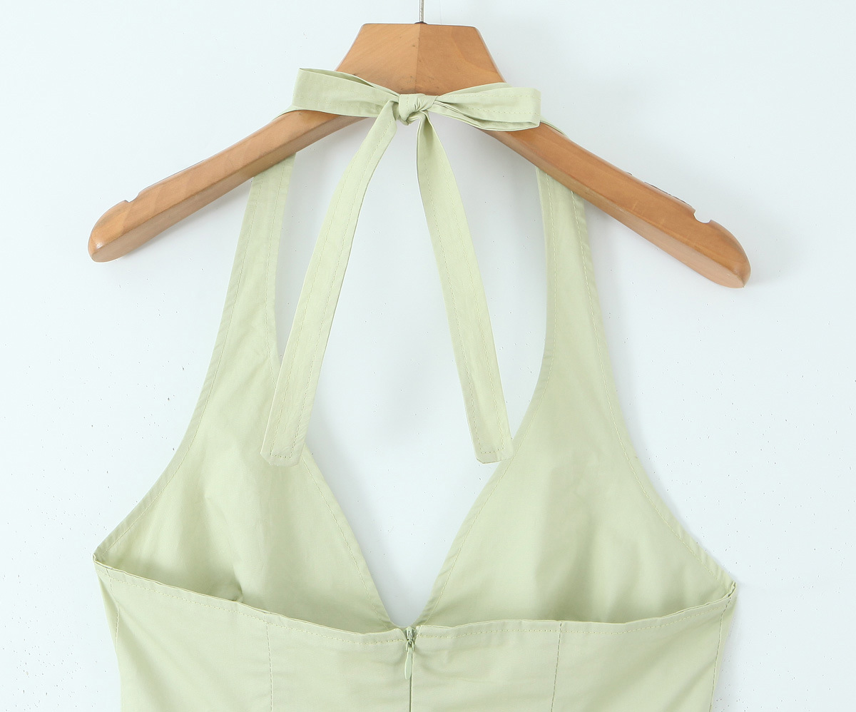Sleeveless Strap-Neck Cotton Solid Fresh Flared Mid-Rise Dress