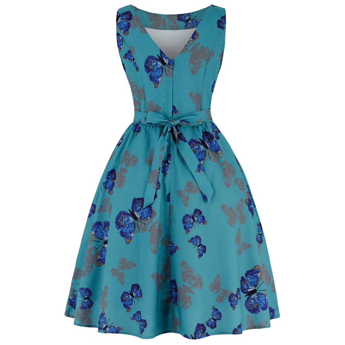 V-Neck Sleeveless High-Rise Flared Vintage Retro Patterned Dress