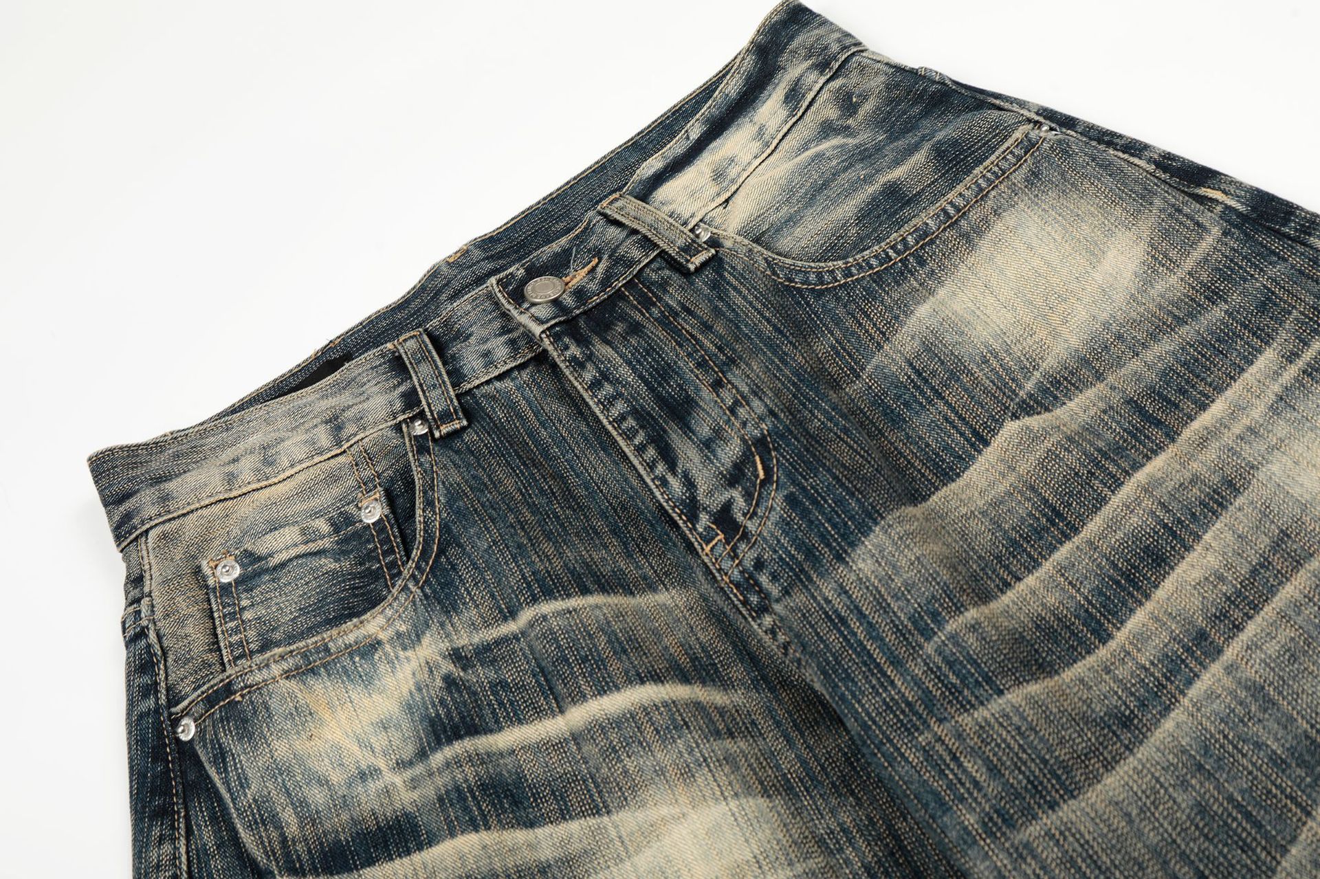Street Vintage Washed Bamboo Texture Design Loose Wide-Leg Denim Pants for Men and Women