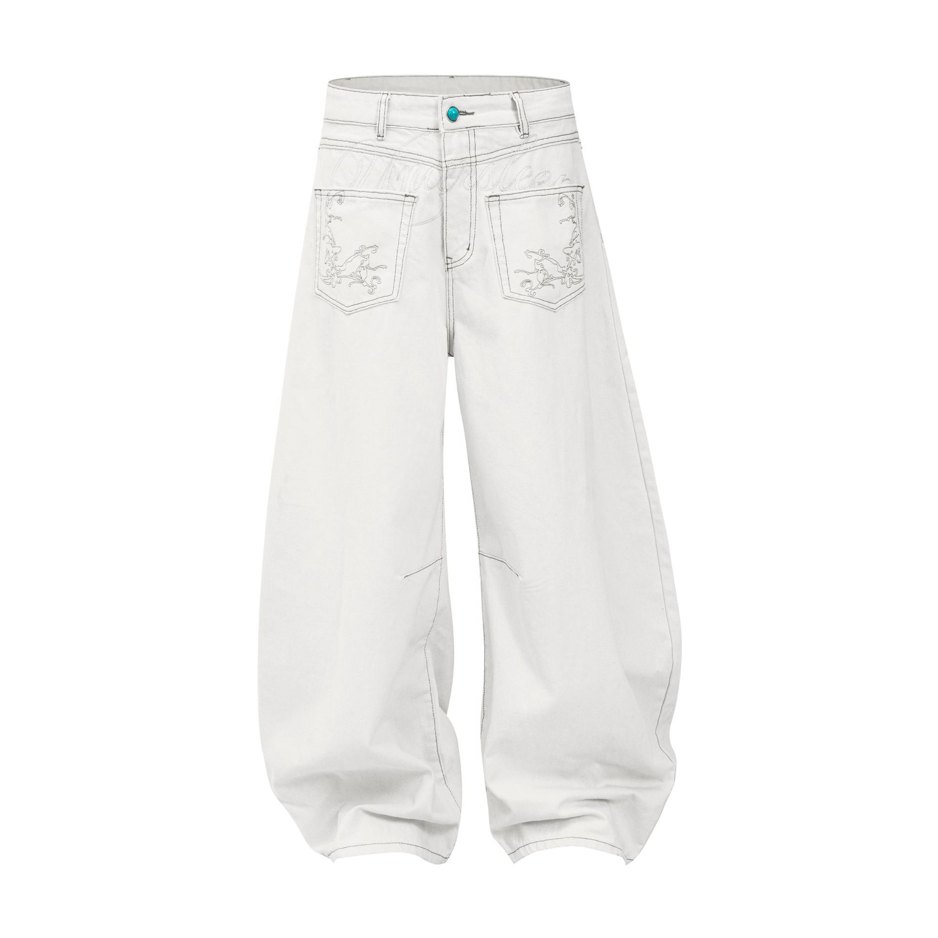 Street Style Retro White Denim Embroidered Deconstructed Design Men's Loose Knife Cut Jeans