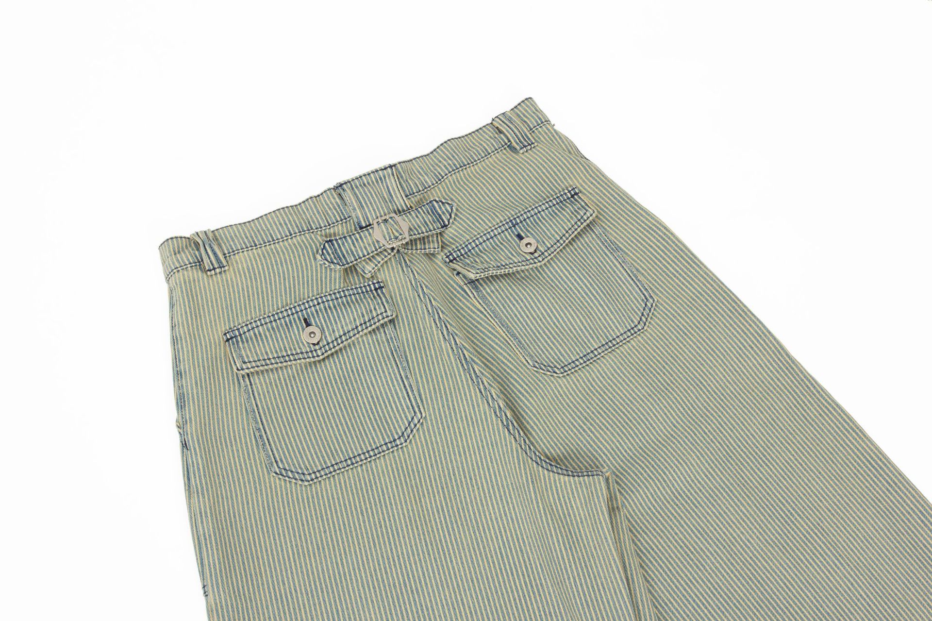Vintage Streetwear Heavyweight High-End Striped Deconstructed Design Men's Loose Slightly Curved Work Trousers
