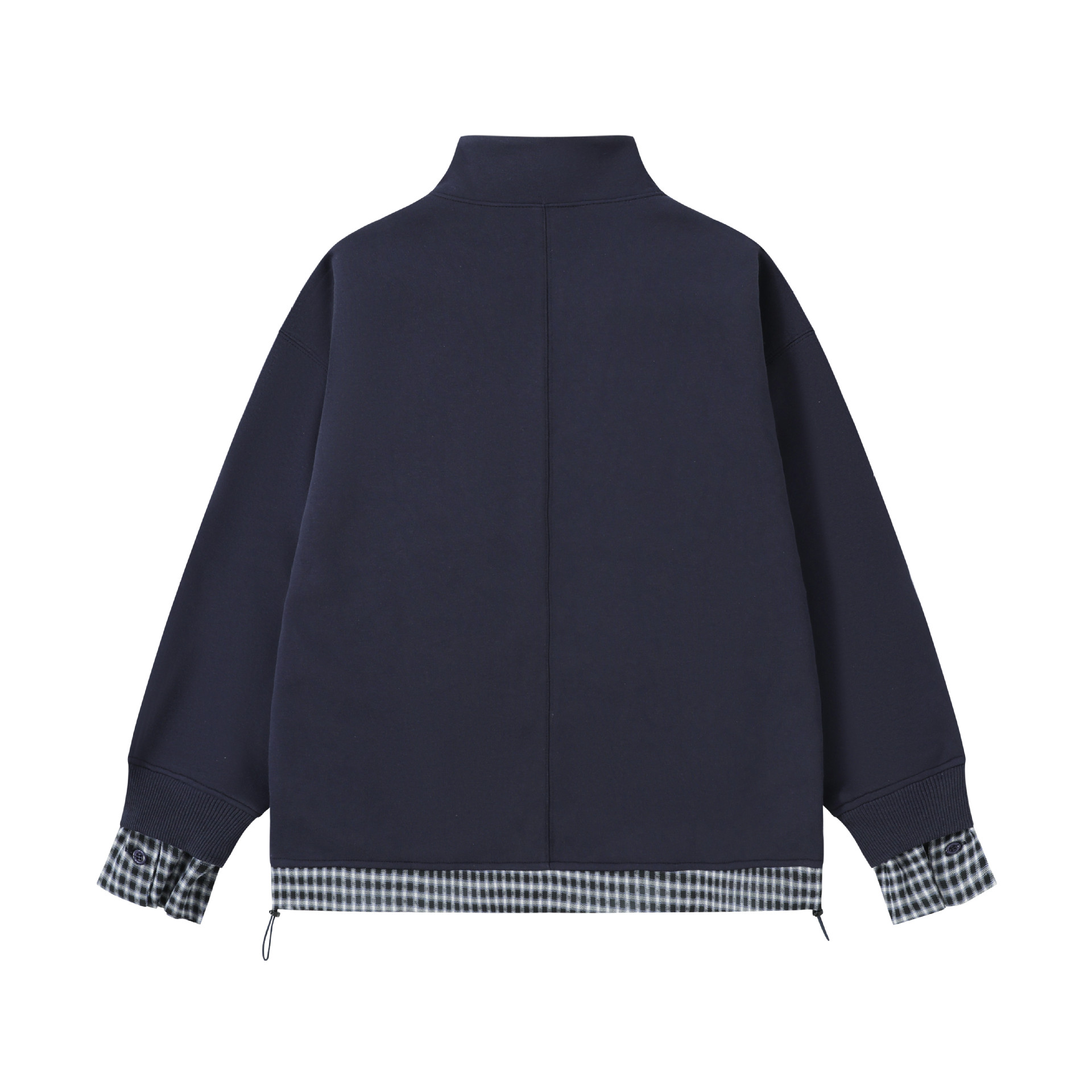 Cotton High Neck Checked Pieced Double-Layer Zipper Hoodie