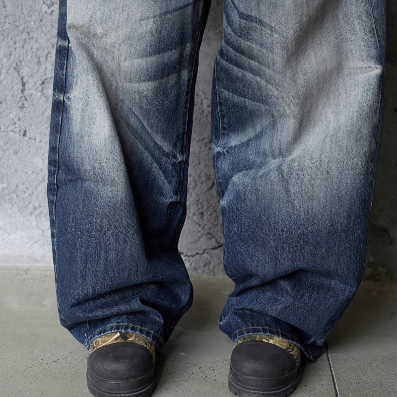 Vintage High-Quality INS Denim Pants Men High Street Washed Gradient Distressed Catwhisker Minimalist Wide-Leg Straight Leg Pants