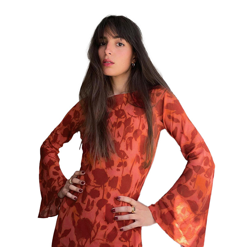 Maxi Skirt Full Sleeves Patterned Crew Collar Fitted
