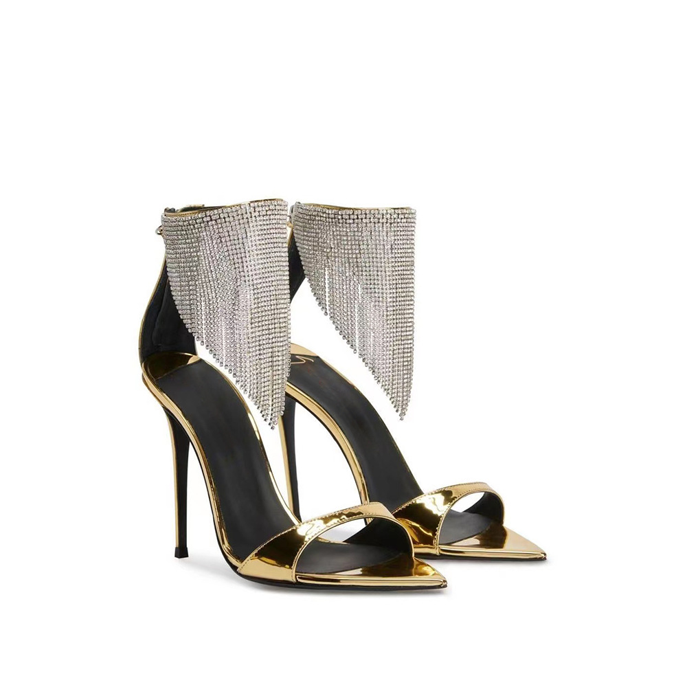 Pointed High Heeled Shoes For Women, Slim Heeled Fish Mouth Shoes, Tassel Hollowed Out Rhinestone Banquet Sandals For Women