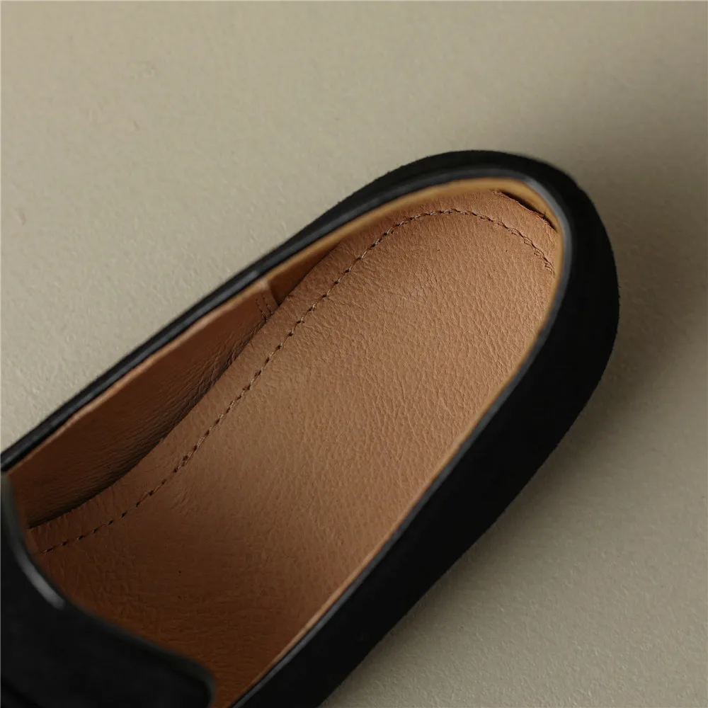 Concise Solid Color Women Soft Kid Suede Flats Slip On Round Toe Casual Street Shoes Handmade For Ladies