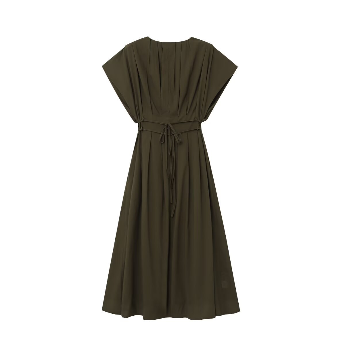 V-neck sleeveless waist cinching lace up solid color dress