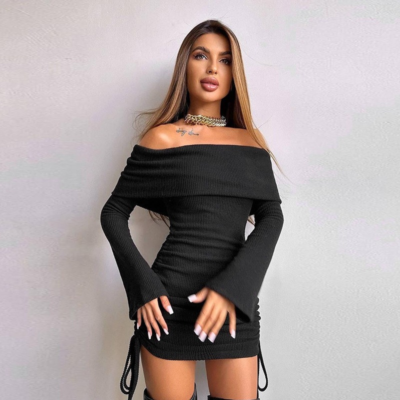 Exposed Neckline Full Arm Mini Dress