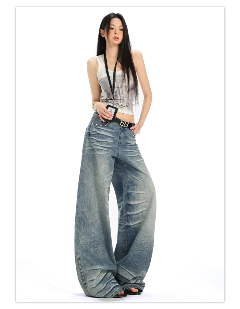 Retro Spicy Girl Washed Pleated Wide-Leg Jeans Women's Cracked Design Loose Drape Floor-Length Pants