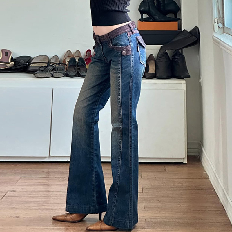 Street Motorcycle Retro Style Patchwork Color Block Flare Denim Pants Slim Fit Casual Long Trousers