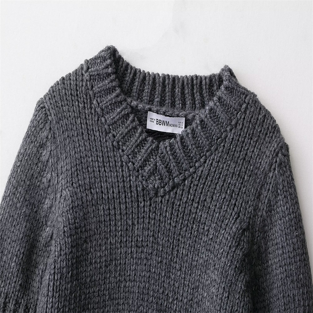 Crew Elbow-Length Solid Charcoal Polyester Sweater