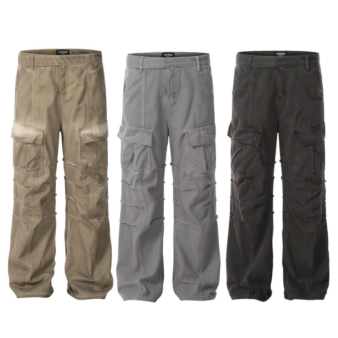Distressed Work Pants with Pleated and Loose Fit for Men and Women