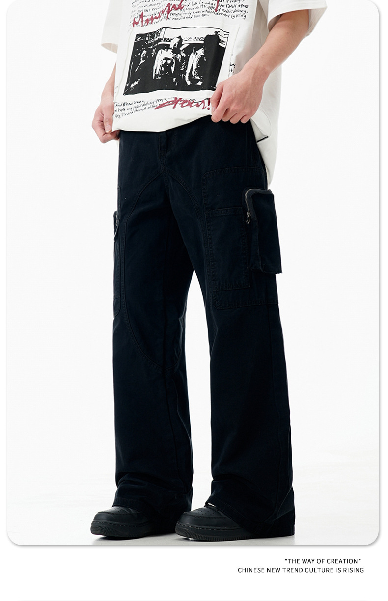 High Street Vibe Flared Loose Multi-Pocket Distressed Straight Casual Long Pants
