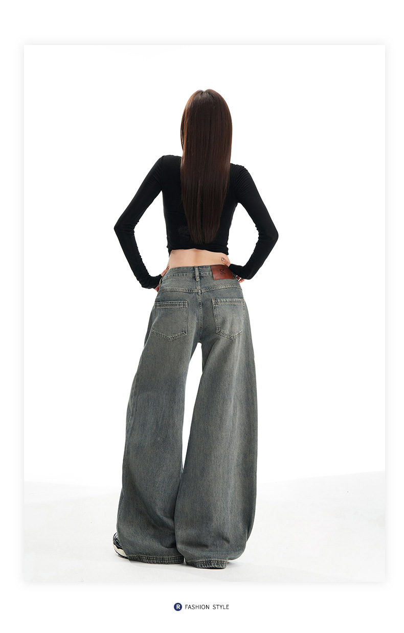 Women's Wide-Leg Pants Loose Fit High-Waist Trousers Slimming Multi-Purpose Denim Pants with Vintage Color Washed Effect