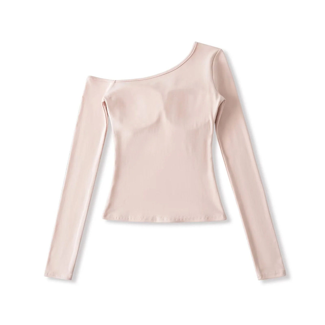 Slim Fit Wrist-Length Plain Slant-Neck Bra-Cup Blouse