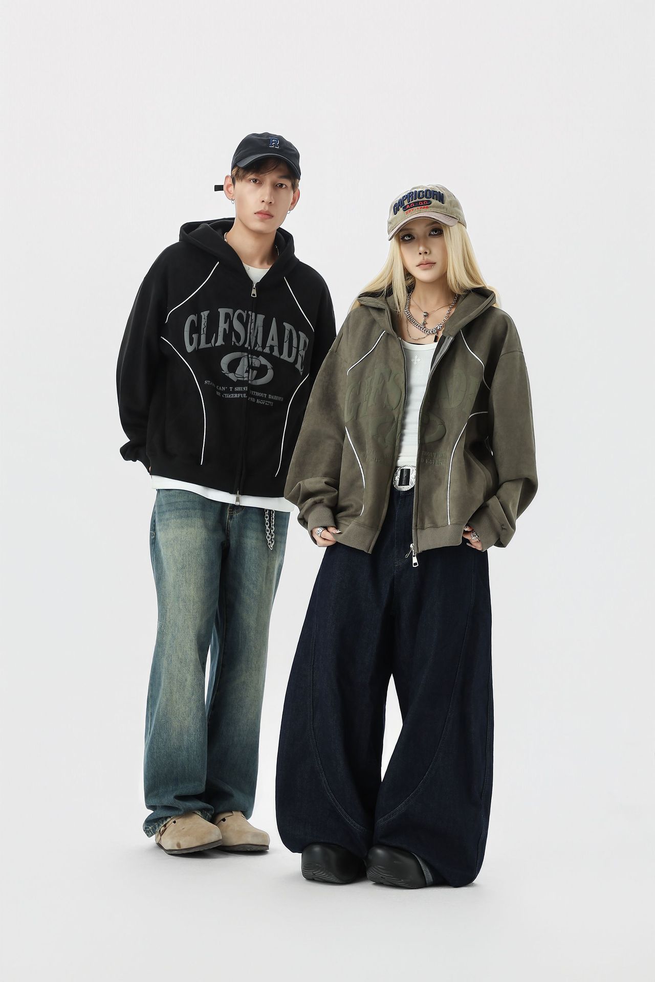 Loose Streetwear Patterned Hood Zipper Sweatshirt