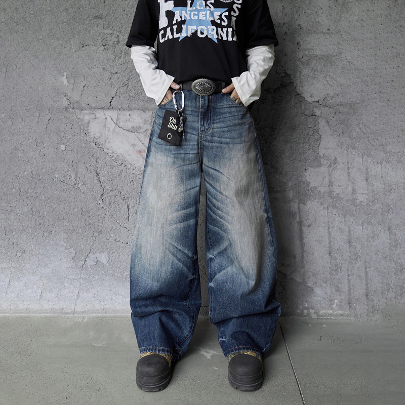 Vintage High-Quality INS Denim Pants Men High Street Washed Gradient Distressed Catwhisker Minimalist Wide-Leg Straight Leg Pants