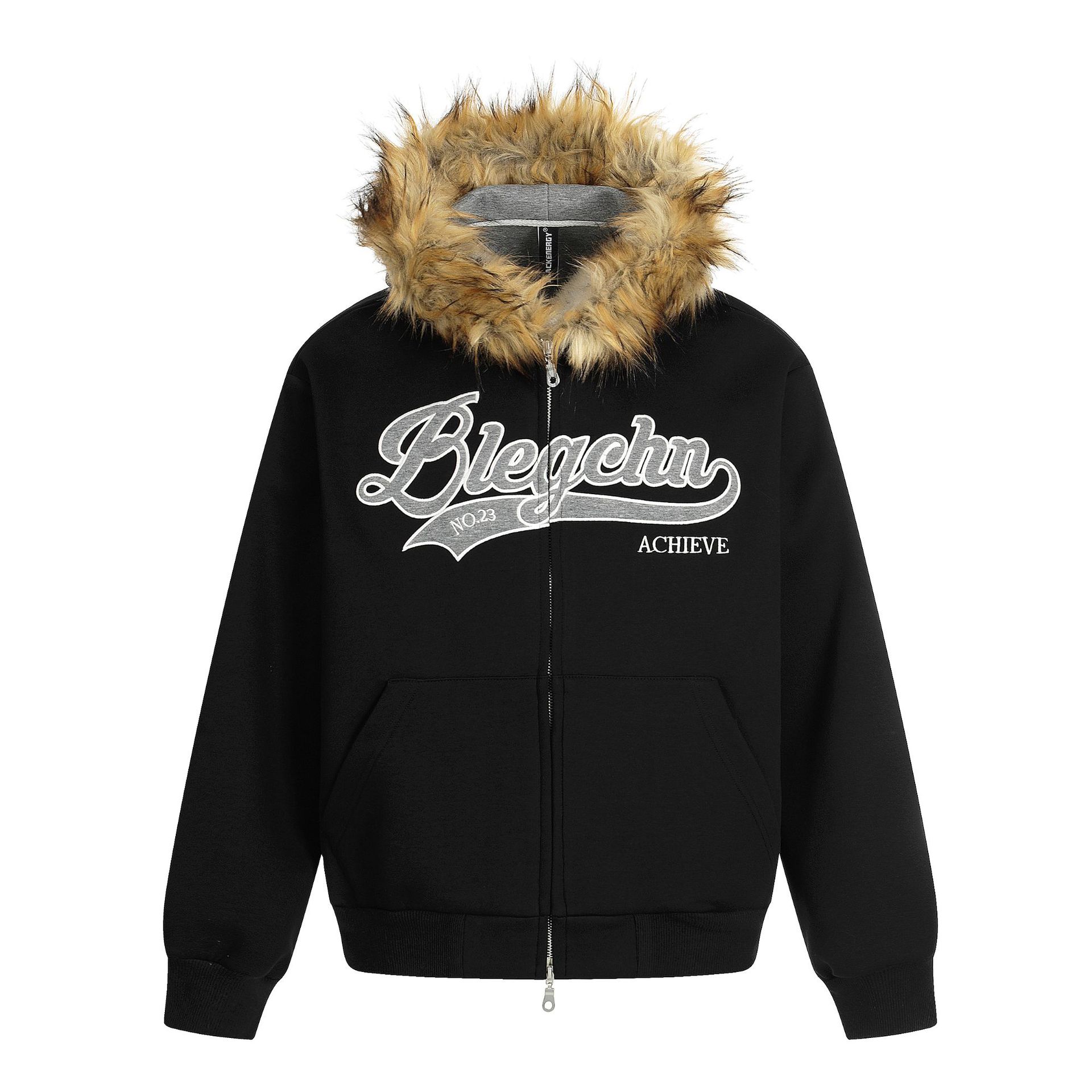 Detachable fur collar spliced zipper hoodie