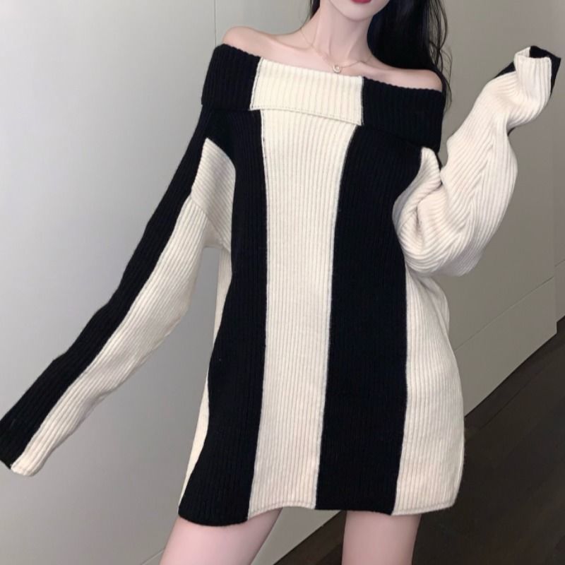 Ladies Oversized Two-Tone Asymmetric Acrylic Sweater