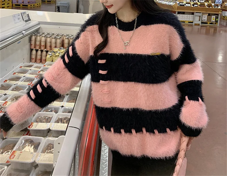 Ladies Fall Two-Tone Oversized Stretch Acrylic Sweater