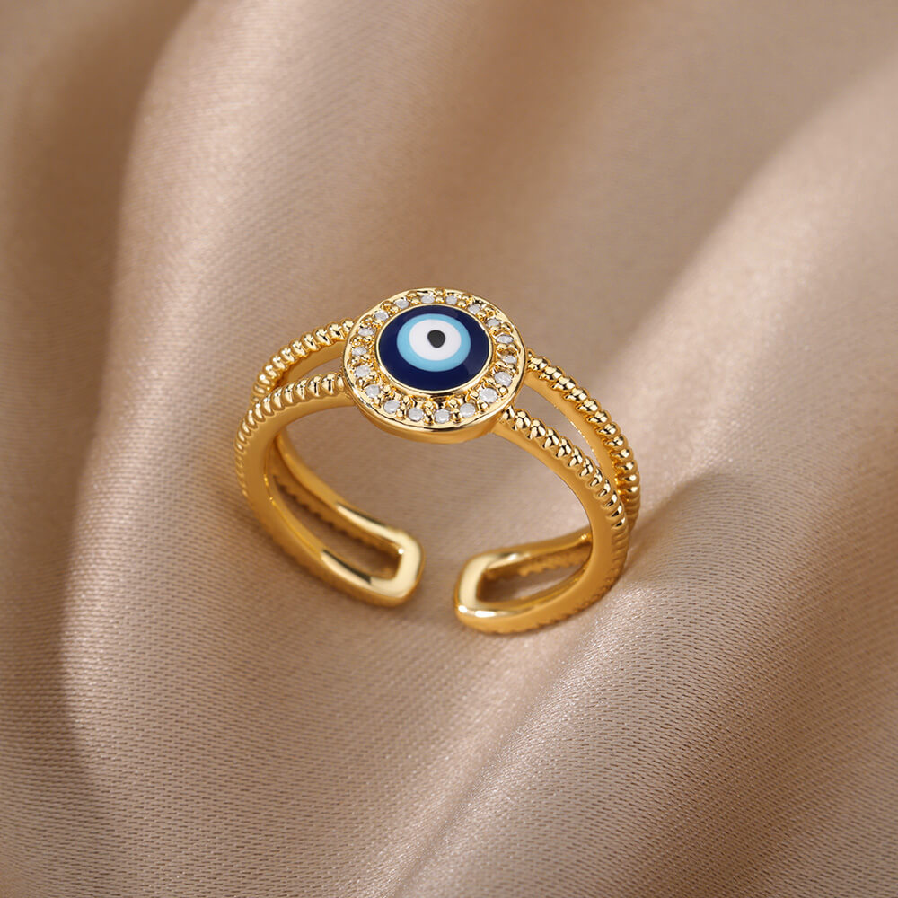Turkish Zircon Evil Eye Rings For Women Open Adjustbale Gold Plated Stainless Steel Ring Couple Rings Wedding Jewelry Bague