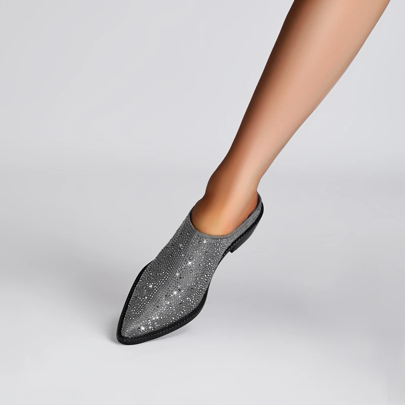 Ladies Tapered Toe Chunky Suede Crystal Mules
