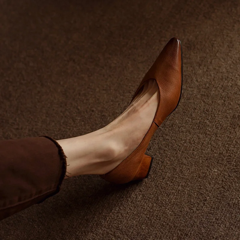 Classic Concise Women Pumps Thick Heels Genuine Leather Office Lady Working Mature Basic Shoes Spring Autumn 34-40