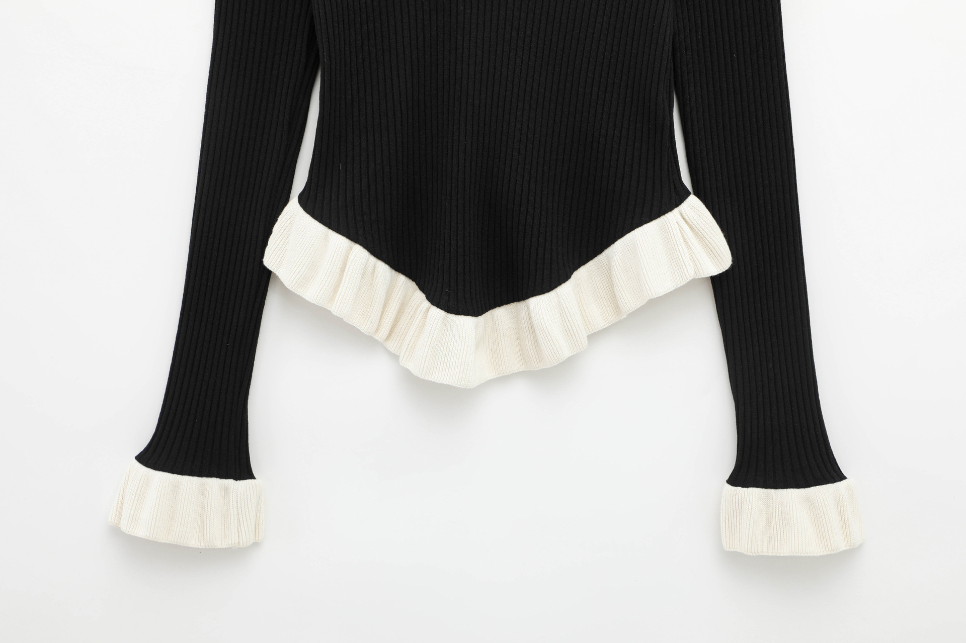 Ladies Solid Long Sleeve Plunge Sweater Tiered Trim