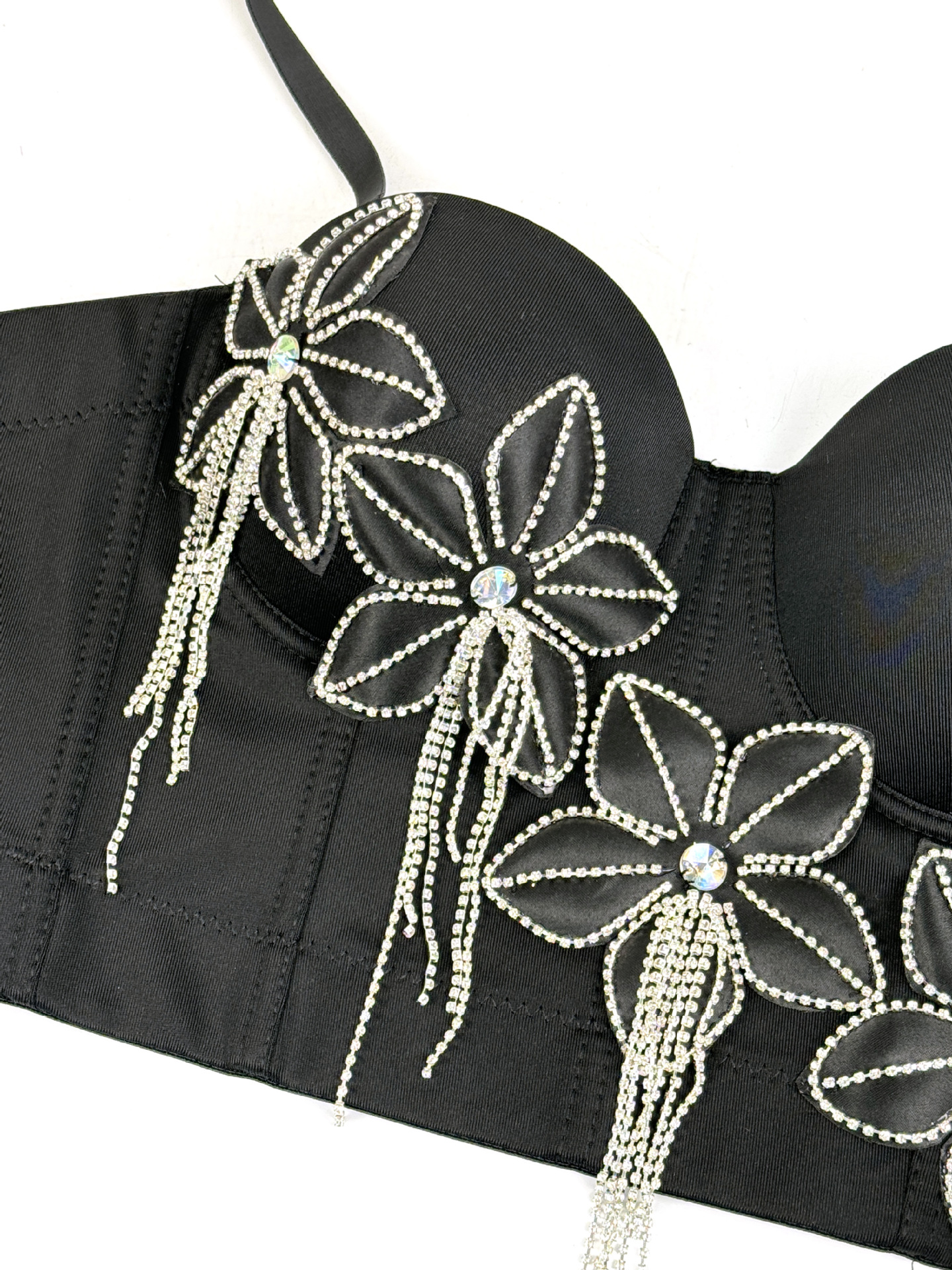 Floral Rhinestone Chain Tassel Boned Bustier Heavy Embroidery Fitted Strapless Camisole Outerwear Sexy Boned Top