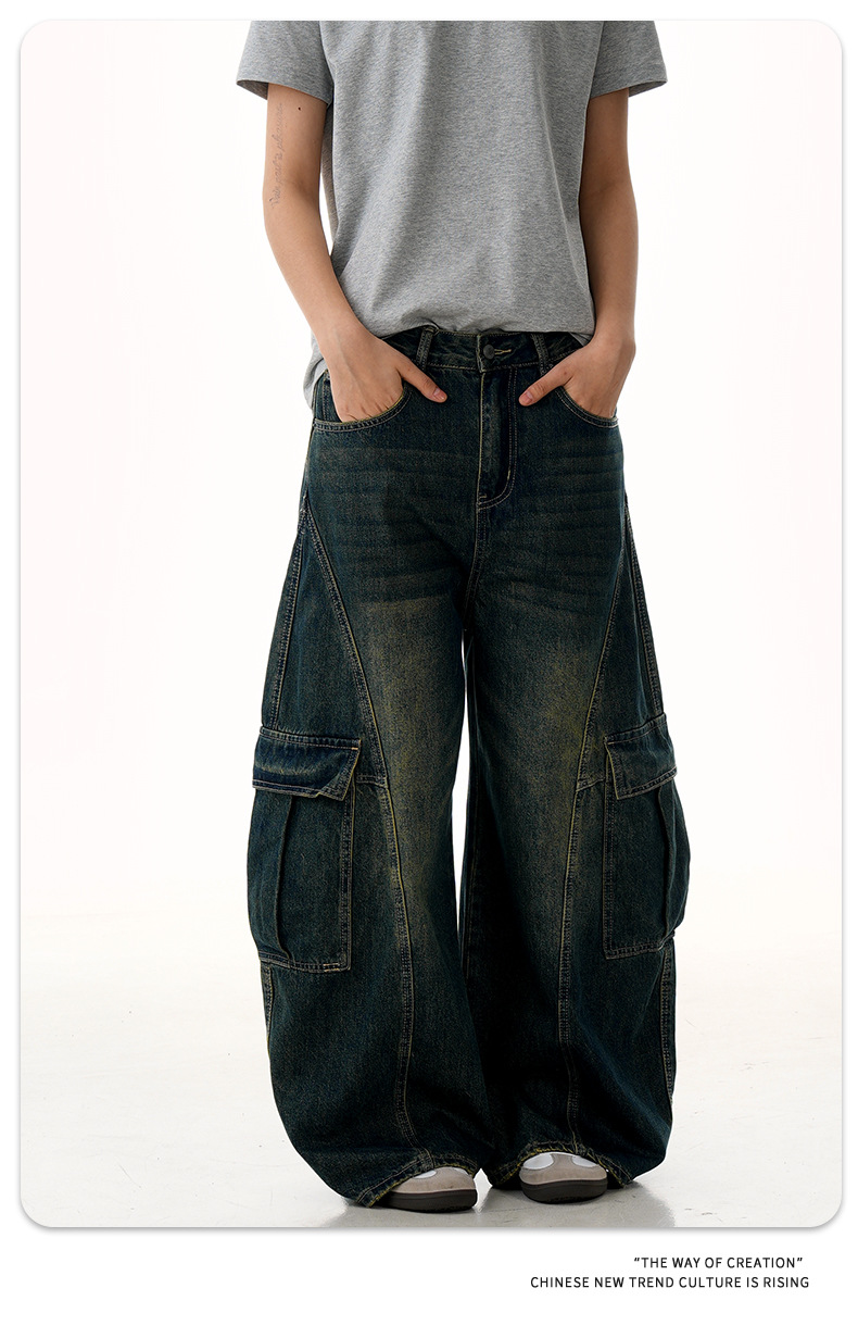 Blue Workwear Tapered Jeans for Men and Women with Multiple Pockets Loose Washed Banana Wide-Leg Long Pants