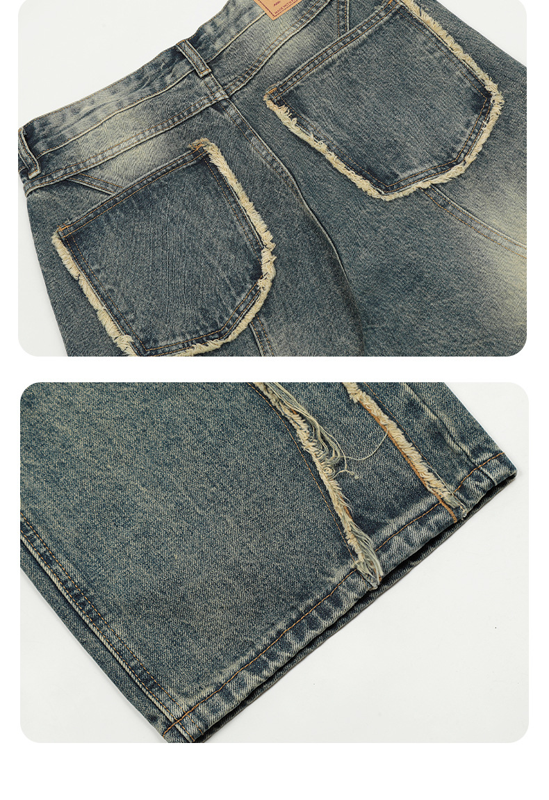 Faded Denim Pants Vintage Blue High Street Design Distressed Personality Straight Loose Casual Slim Fit Long Trousers