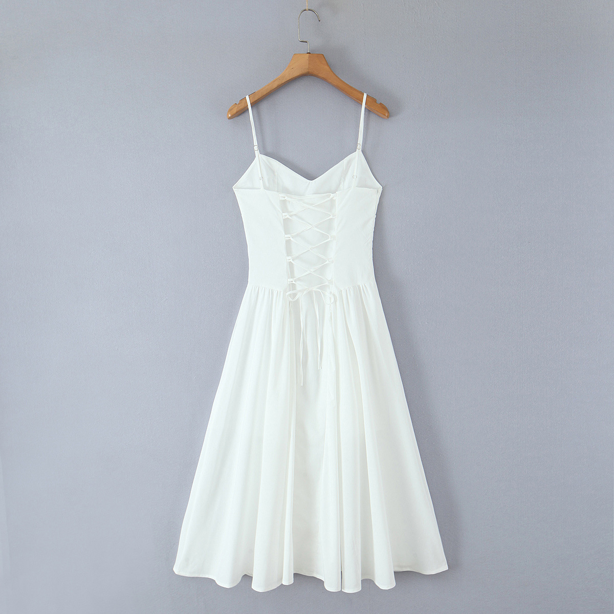 Fitted Solid Midi V-Neck Sleeveless Strap Polyester Dress