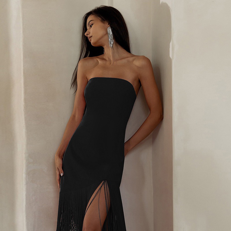 Bodycon Bandeau Fringe Side Split Midi Dress